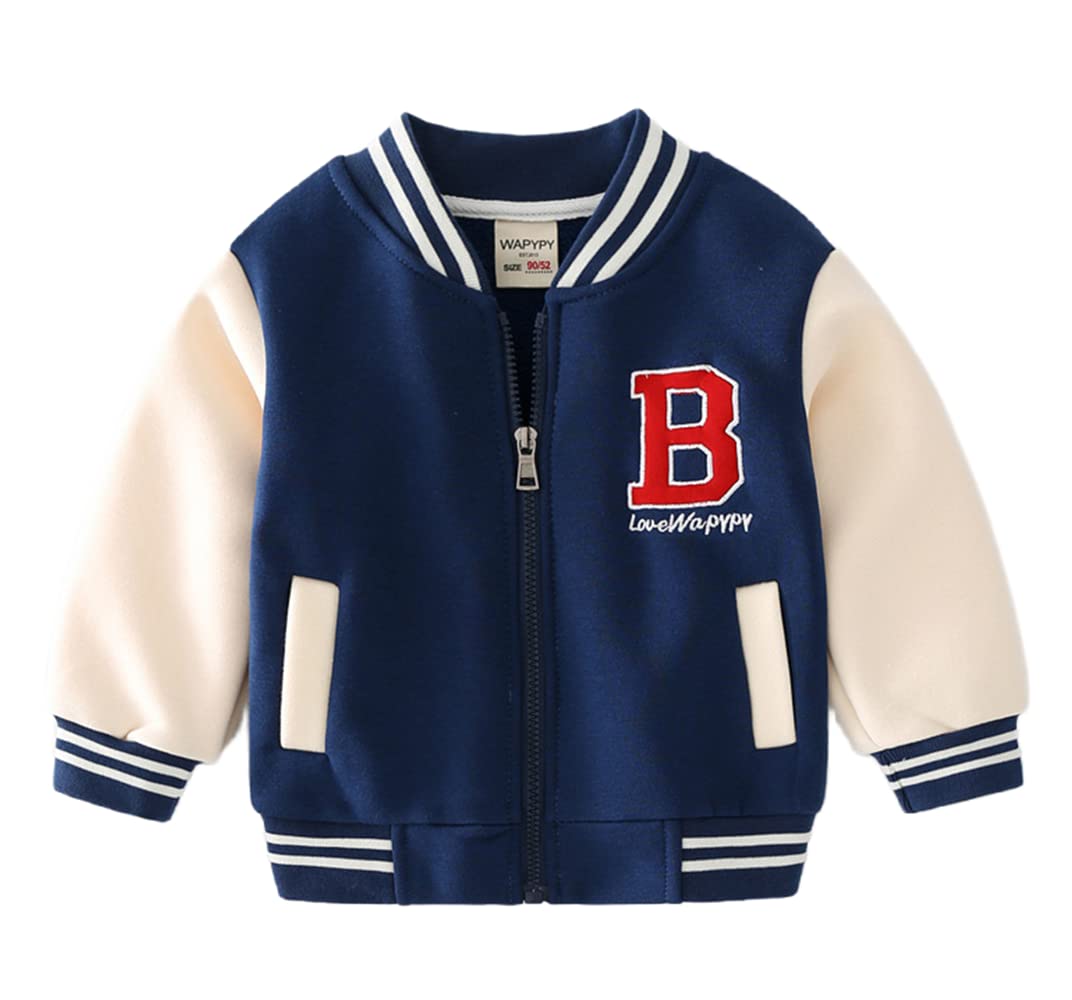 Meufam Toddler Baby Boy Girl Varsity Jackte Letter Embroidery Zipper Sweatshirt Baseball Jacket Color Block Streetwear Coat (Navy,90/18-24 M,Unisex,Big Kid,US,Age,18 Months,24 Months)