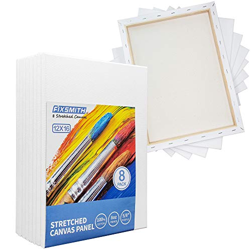 Image of FIXSMITH Stretched White Blank Canvas - 12 x 16 Inch, Bulk Pack of 8, Primed, 100% Cotton, 5 /8 Inch Profile of Super Value Pack for Acrylics,Oils & Other Painting Media.