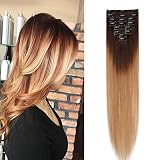 TESS Clip in Extensions Echthaar Haarteile Ombre Remy Haar Extensions guenstig Haarverlängerung 18 Clips 8 Tressen Lang Glatt, 10