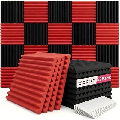 52 Pack Black/red 12 "X 12 "X1" Acoustic Panels Studio Soundproofing Foam(Accompanied By Double-Sided Adhesive Tape)