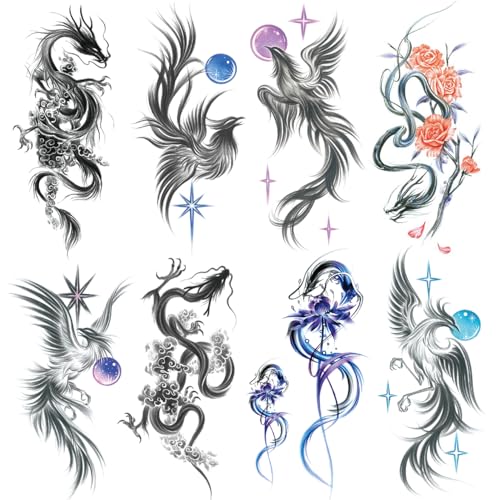 Oottati 8 Sheets 3D Black Realistic Temporary Tattoos for Men Women Adults, Sketch Dragon Phoenix Pearl Flower Halloween Fake Half Arm Sleeve Tattoos Stickers Legs Kit Sets