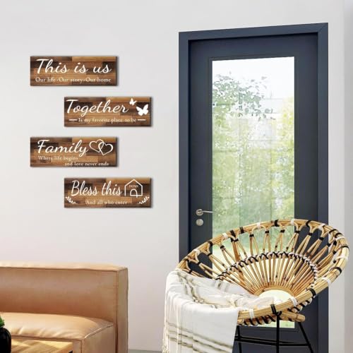 Image of DAKSHESTRY ARTWORKS 4 Pieces Home Wall Signs, THIS IS US /TOGETHER /BLESS THIS HOME /FAMILY Wall Decor For Living Room Bedroom, Rustic Wooden Farmhouse Wall Art,5 x 12 Inch(Brown)