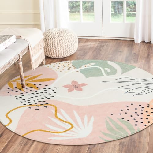 Lahome Pink Round Rugs 8Ft - Washable Boho Area Rug for Living Room Non-Slip Soft Ultra-Thin Large Round Rug Dining Room Rug, Botanical Print Floor Round Carpet for Bedroom Office Dorm (Pink, 8'x8')