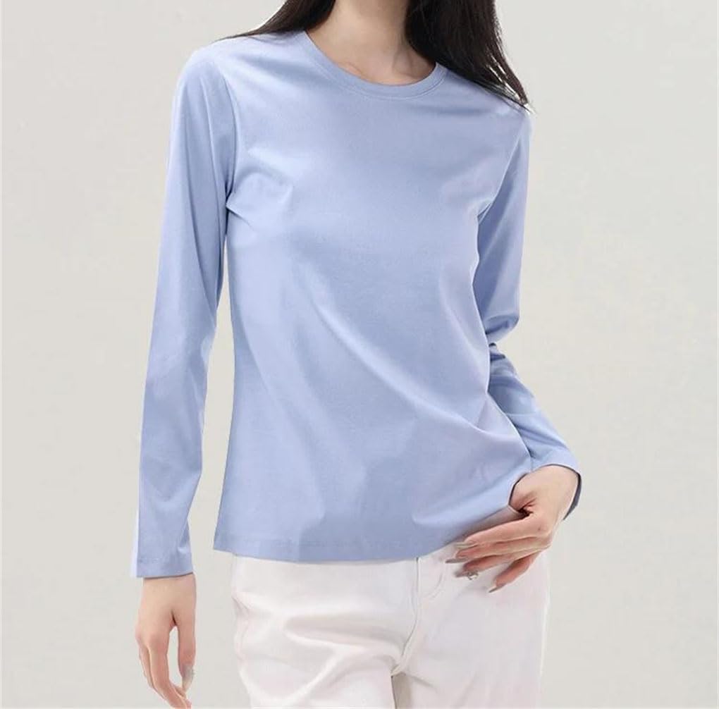 Women Solid T Shirts Cotton Blend Plain O Neck Long Sleeved Tee Basic Top White Black
