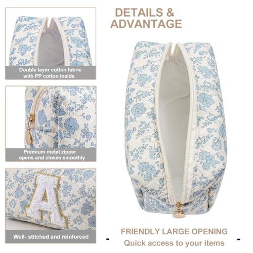 Gleyemor Personalized Initial Makeup Bag for Women, Cute Quilted Blue Floral Cotton Cosmetic Bag, Christmas Gifts for Her Mom Friend Sister Bridesmaid Teacher Women A2