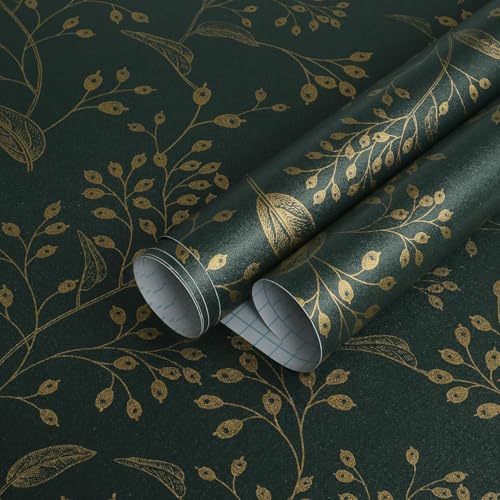 TEKCOOL Peel and Stick Wallpaper 17.7” x 118” Green Contact Paper Gold Floral Wall Paper Modern Boho Removable Contact Paper for Cabinet Drawers Bedroom Self Adhesive Vinyl Papel Tapiz para Pared(2pc)