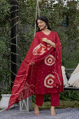 Image of Pistaa's Women's Pure Cotton Bandhani Print Kurta Set with Dupatta