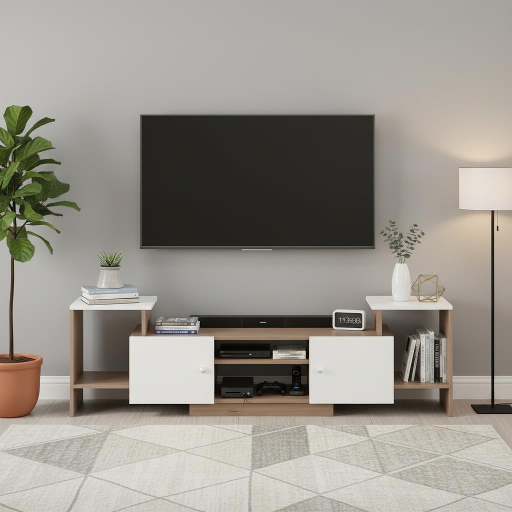FURNEASER Eptimal Modern Wooden TV Unit for Living Room | Engineered Wood Entertainment Center with Storage | TV Stand for 65 Inch TVs | TV Cabinet with Shelves & Doors (Exotic Teak & White)