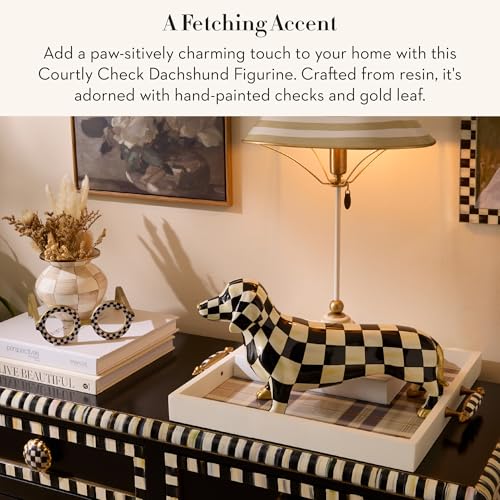 Image of MACKENZIE-CHILDS Dog Figurine, Decorative Resin Dog Statue, Black-and-White Courtly Check Dachshund