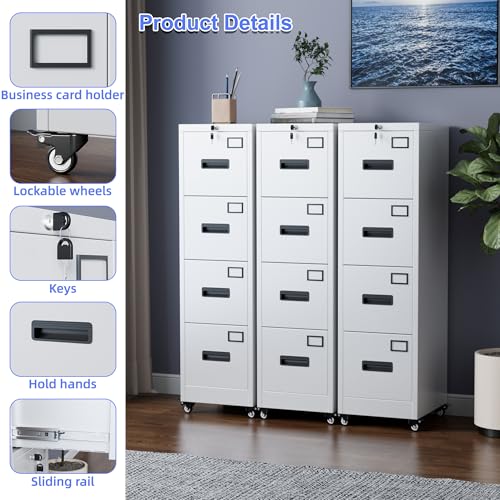 Image of Aobabo 4 Drawer File Cabinet with Lock and Wheels, Metal Vertical Filing Cabinet with Anti-Tilt Interlock System for Home Office, Fits Letter /Legal Size, White,Required Assembly