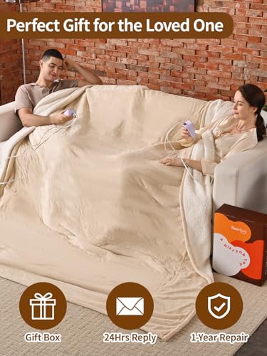 Image of Bearhug Electric Blanket King Size with Dual Controls, 10 Heat Levels & 1-12H Auto Shut-Off, Fast Heating Soft Velvet to Sherpa Heated Blanket for Couples, Machine Washable, Beige
