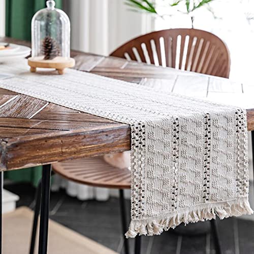 Chemin de table en lin haut de gamme beige tissé à pompons