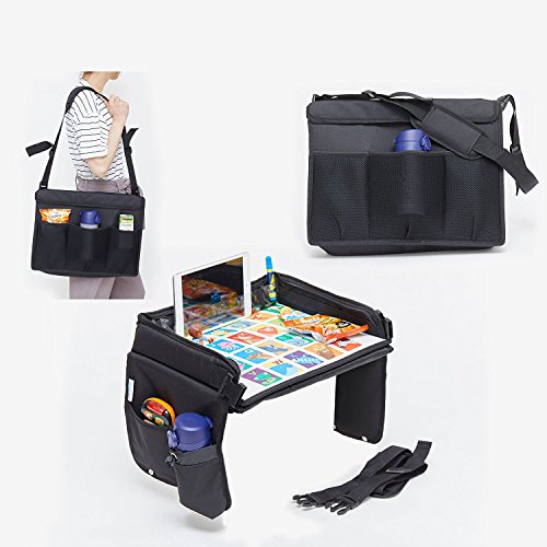 Kids Travel Tray Bag/Children Play Tray/Stroller Tray Organizer with Tablet Holder - Waterproof, Sturdy Surface, Buckles & Mesh Pockets - for Snacks, Drawing, Car, Bus, Plane Journey (Black) - Thumbnail 4
