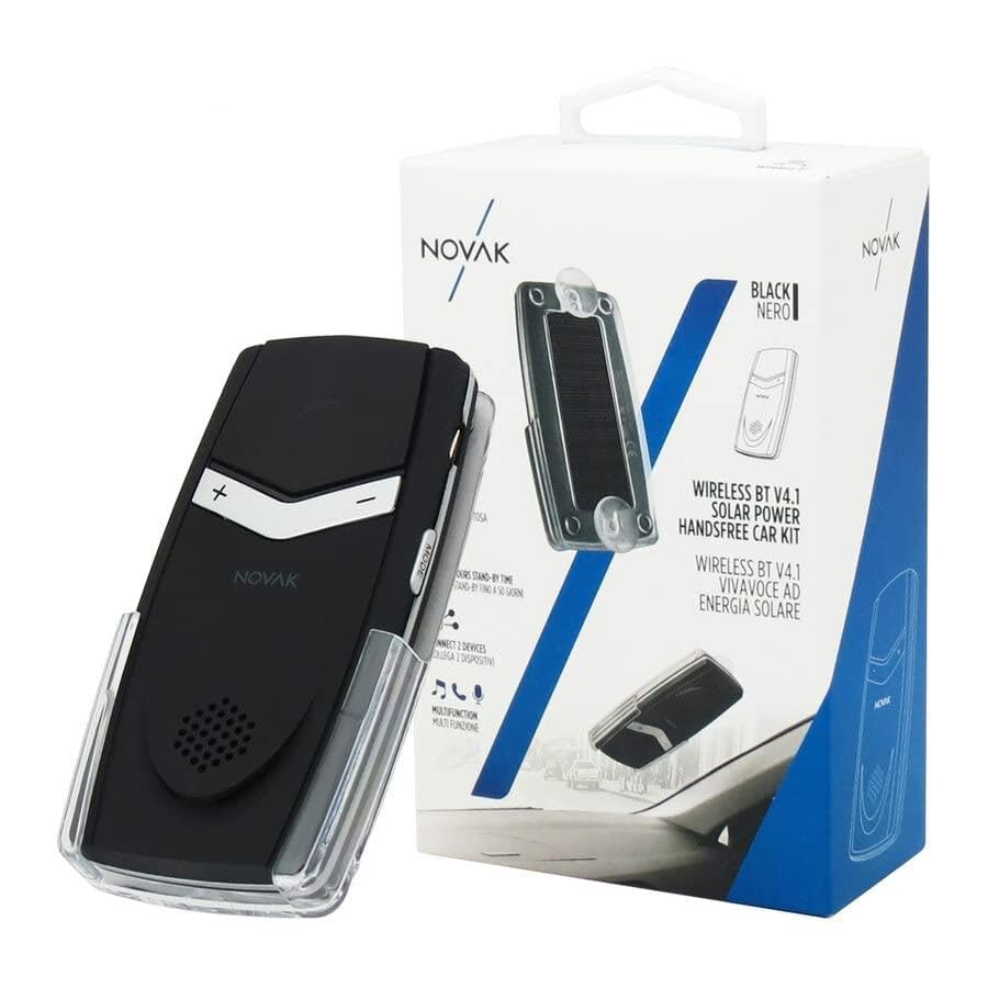 NOVAK Kit Vivavoce per Auto Bluetooth 4.1, ideale per Chiamate Viva Voce, GPS e Musica. Ricarica ad Energia Solare. Stand-by 50 Giorni autonomia 13 ore continue.