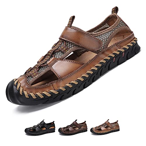 Optigard Men's Genuine Leather Hand Stitching Fisherman Sandals,Outdoor Casual Closed Toe Breathable Hiking Sandals Sport Walking Water Shoes