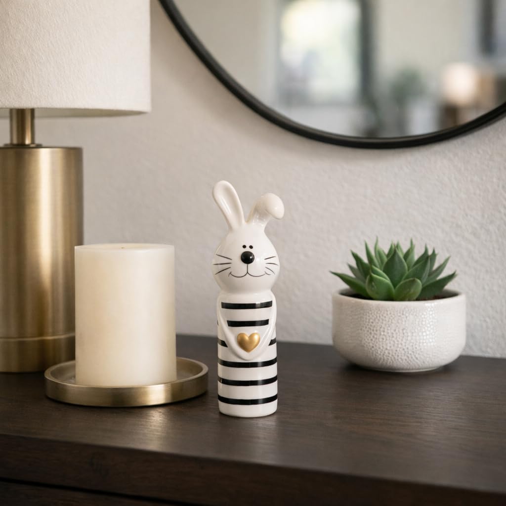 Boho Bunny Figurine - Handcrafted Ceramic & Stoneware Decorative Accent with Striped Design - Cute Home Decor for Bedroom, Living Room & Office - 7" Black & White