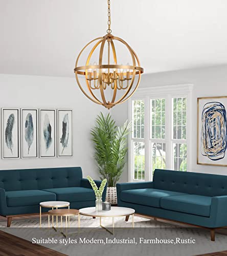 Q&S Gold Modern Farmhouse Chandelier 6-Lights Spherical Antique Brass Chandeliers Light Fixtures For Dining Room Kitchen Foyer Living Room Bedroom Ul Listed #TOP4