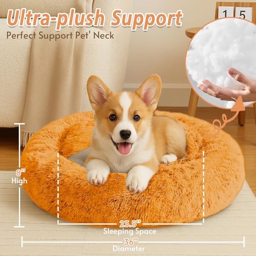 Image of JOLLYVOGUE Calming Dog Beds Large Sized Dog, 36in Donut Washable Large Pet Bed, Anti-Slip & Anti-Anxiety Fluffy Faux Fur Round Dogs Bed, Fits up to 80 lbs Pets (Orange)