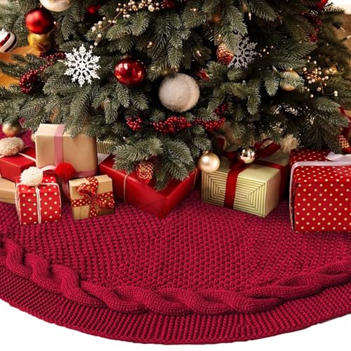 48 Inch Dark Red Knitted Christmas Maroon Tree Skirt Large Xmas Tree Skirts Round Base Skirt for Christmas Tree Decorations for 6 8FT Tree Christmas Treer Burgundy Tree Skirt Rug Decorations