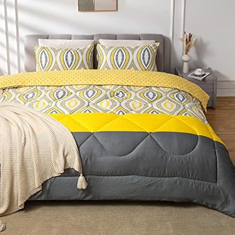 SUCHDECO Queen Comforter Set 3 Pieces 90" x 90" Soft Microfiber with Geometric Pattern Reversible Duvet Queen Size with 2 Pillowcases, Yellow and Grey Cover