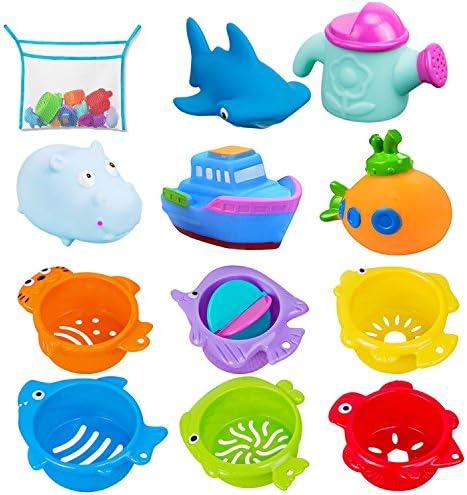 INNOCHEER Bath Toys and Stacking Cups for Toddlers with Quick Dry Organizer Net-13 Pcs Early Educational Toy for Bathtub Game, Beach and Pool Party