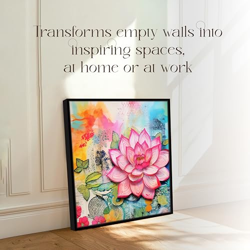 Image of PAINTINGMANTRA Multicolor Abstract Stretched Canvas Framed Painting Wall Art for Living Room Bedroom Office Cafe Pink Blue Green Lotus Abstract Framed Canvas Wall Decor Painting with Frame (58x58 cm)