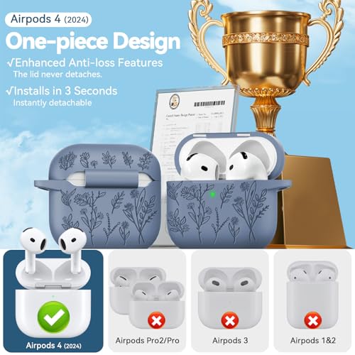 Image of for Airpods 4 Case with Magnetic Lid, Ekoonpft Flower Engraved Cases for Apple AirPods 4th Generation 2024, Soft Silicone Cover for Women Girly with Cleaning Kit & Keychain, Shockproof