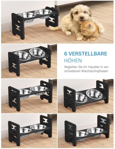Vantic Hundenapf erhöht mit Ständer, Hundebar höhenverstellbar Futternapf für kleine Hunde und Katzen, haltbar Futterbar Futterstation Bambus mit 2 Edelstahlnäpfen und Rutschfesten Füßen(Schwarz)
