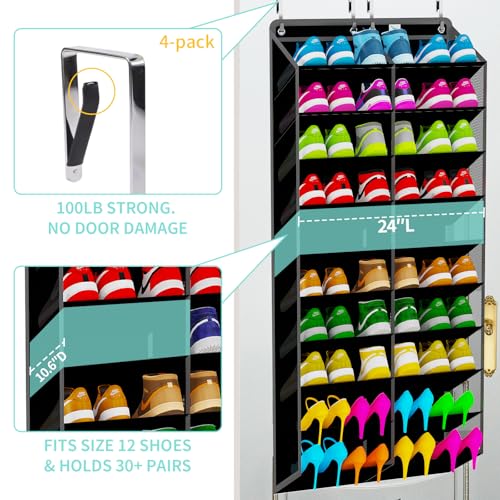 Heavy-Duty, over the door shoe organizer, Extra-Wide Large, shoe organizer, Holds 30 Pairs & Supports 100lbs, shoe rack, with Reinforced Grommets & Bamboo Rods, Fits Men's Size 12 & Boots, Black - Image 4