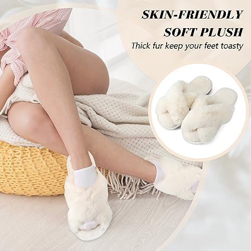 Toulite Bridesmaid Slippers Set of 6 White Fuzzy Slippers for Women Bulk Fluffy Furry Open Toe Soft House Shoes3