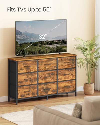 Image of SONGMICS BELLAH Collection - Dresser for Bedroom, TV Stand for TVs Up to 55 Inches, Chest of Drawers for Living Room, Closet, Steel, 9 Drawers, Industrial, Rustic Brown and Ink Black ULGS033KD02S