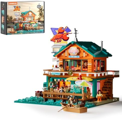 LUMIBRICKS Küsten-Seafood-Restaurant Beleuchtetes Klemmbaustein-Set, 2484 Teile Retro-Strandrestaurant mit LED-Lichtern, Modularer Hafen-Diner mit Öffnender Struktur & Meeresdetail