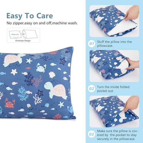Image of TILLYOU Toddler Pillowcase 2 Pack with Envelope Closure,13 inch x 18 inch Silky Soft Microfiber Travel Kids Pillowcase for Boys and Girls, Beach Time Turtle&Manta Ray