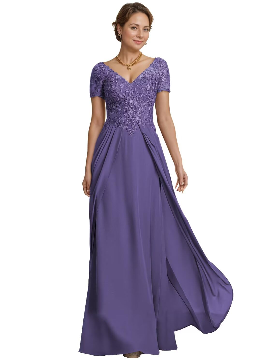 raomiao Mother of The Bride Dresses for Wedding Long Chiffon Lace Applique Short Sleeves Formal Evening Gown 2025