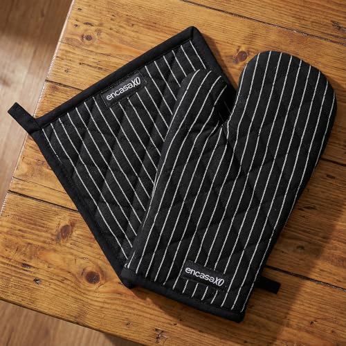 Image of Encasa XO Heat Resistant 100% Cotton Oven Glove & Potholder Set with Loop, Kitchen Cooking Mittens, Microwave Safe Hot Pads (Butcher Stripes Black)