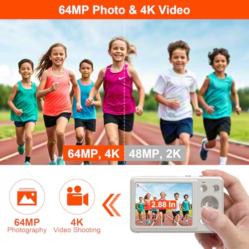Appareil photo numérique compact 4K 64 MP, écran LCD de 7,3 cm, zoom numérique 18x avec support, rechargeable, portable, tout-en-un pour enfants/adolescents/débutants, blanc – Image 3