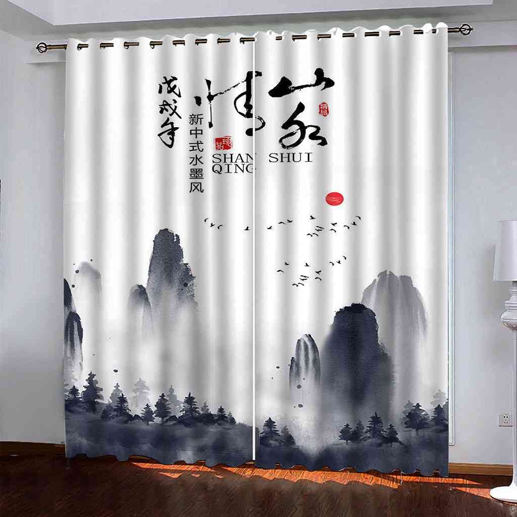 Rideau salon occultant style encre de Chine pour décoration chambre enfant