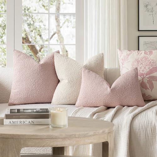 Image of Foindtower Set of 2, Decorative Textured Boucle Throw Pillow Covers Accent Solid Pillow Cases Neutral Soft Cozy Couch Cushion Case for Chair Sofa Bedroom Living Room Home Decor 24x24 Inch Sakura Pink