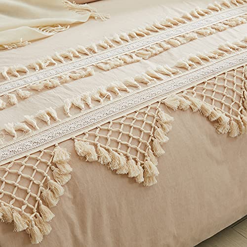 Softta Vintage 3Pcs Duvet Cover Bedding Set Triangle Tassel Fringed King 100% Washed Cotton and Elegant Ruffle Lace Hidden Zipper Closure Bedding Collections Light Camel tan