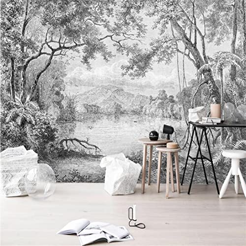 Fondo De Pantalla De Foto Personalizado Blanco Y Negro Mural Europeo Bosque Retro Pintado A Mano Jungle Line Painting 250Cm(W)×175Cm(H)