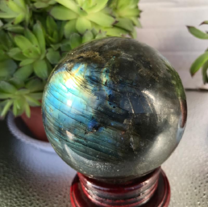 Esfera de labradorita azul natural de 9-10 cm con soporte para decoracion de salon 3