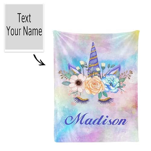 Miniatura 2 de Manta de vellón personalizada para niños con nombre, manta de bebé personalizada con flores de unicornio para cama (30 x 40 pulgadas)