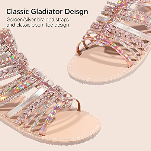 MIXIN Girls Gladiator Sandals Shimmer Strapped Summer Flat Open Toe Ankle Sandals with Heel Zipper for Little/Big Kids3