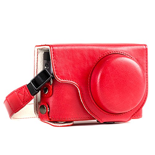 MegaGear MG1262 Panasonic Lumix DC-TZ95, DC-TZ90 Estuche Ever Ready, Funda de Cuero, de Pronto Uso, con Correa - Rojo
