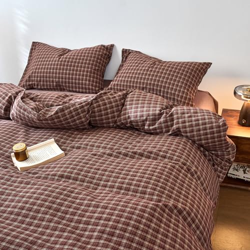Image of EAVD Vintage Style Burgundy Gingham Duvet Cover Full 100% Washed Cotton Like Linen Feel Soft Checkered Grid Plaid Bedding Set with 2 Pillowcases Farmhouse Grid Geometric Duvet Cover with Zipper