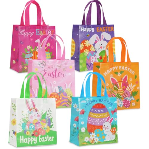 piqiya Easter Gift Bags 12 Pack, 6 Styles Assorted Reusable Non-Woven Tote Bags for Kids, Easter Egg Hunt Prizes, Party Favor Bags, Candy Bags, Easter Basket Fillers