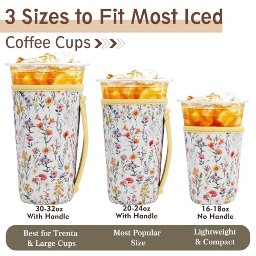 Image of KJQJLY 3 Reusable Iced Coffee Sleeves for Iced Coffee Cups or Drinks Reusable Neoprene Insulated Sleeves for Hot and Cold Drinks from Starbucks, Dunkin, And More (Wildflower)