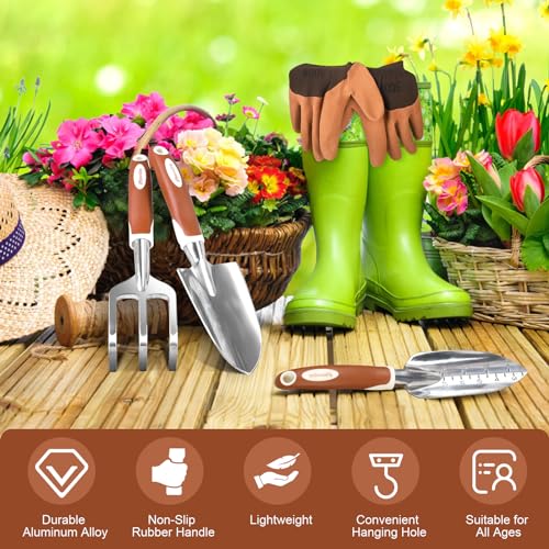 MelonArt Garden Tool Set, 4 Pieces Heavy Duty Gardening Hand Tool Kit Aluminum for Women Men Planting Including Hand Shovel, Transplant Shovel and Hand Rake with Non Slip Rubber Handle and Gloves - Image 3
