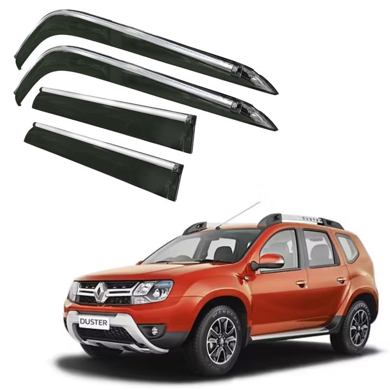 Image of CAR SAAZ Side Door Visors for Duster (2012-2022)(Set of 4Pcs)|Chrome Lined Rain Guards, Polycarbonate, Smoke Finish