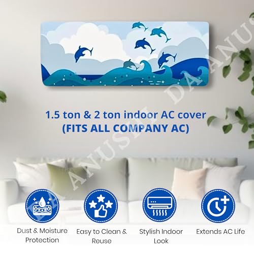 Image of Printed Split Ac Cover Combo Indoor Unit For 1.5 Ton Capacity AC, Inner Unit Ac Cover, All Weather Cover /Attractive Digital Prints /Dustproof /Water Resistant (Dolphin & Golden Floral)